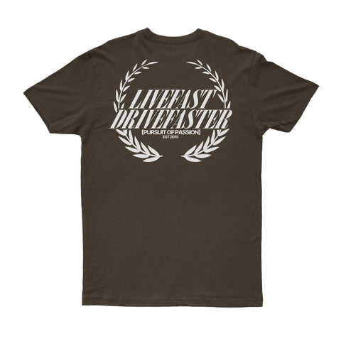 LIVE FAST DRIVE FASTER TEE-BROWN
